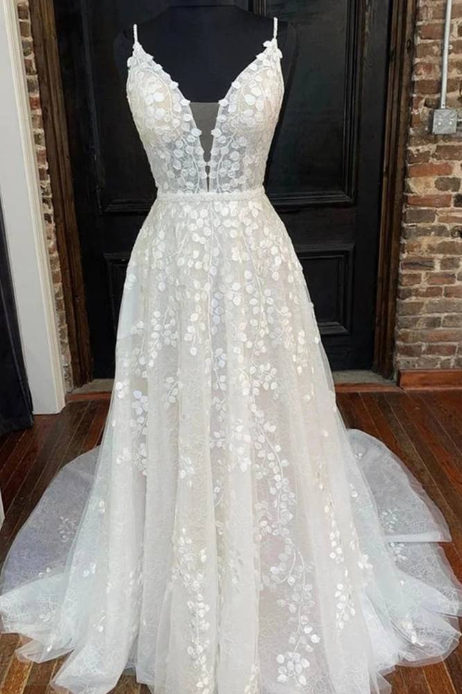 White Deep V-Neck A-Line Lace Wedding Dresses with Appliques