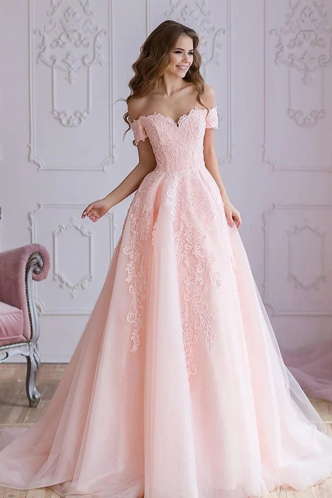 Pink Off-The-Shoulder V-Neck A-Line Party Dresses with Appliques