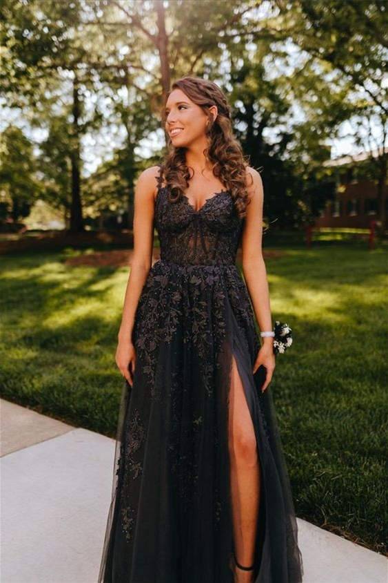 Black Long A-Line Spaghetti Straps Tulle Prom Dresses with Slit