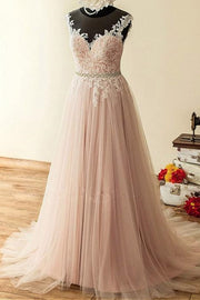 Pink Jewel Neck Sleeveless A-Line Lace Long Tulle Wedding Dresses