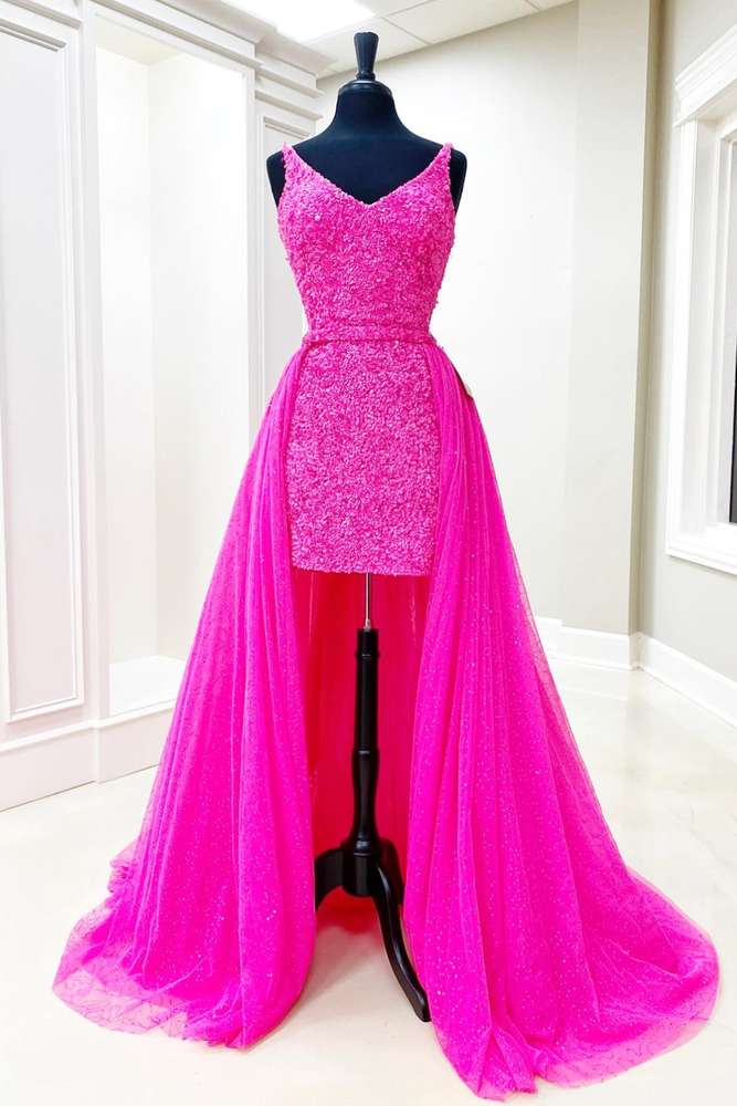 Fuchsia V-Neck Sequined Mermaid Tulle Long Prom Dresses with Detachable Train