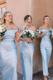 Blue Trendy Ankle-Length Off-The-Shoulder Satin Bridesmaid Dresses