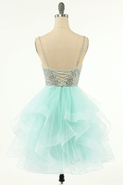 Mint Green V-Neck Sequined A-Line Short Homecoming Dresses