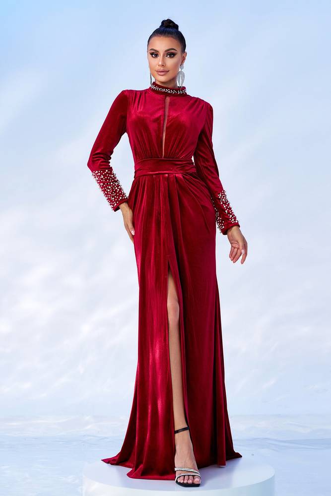 Red High Neck Long Sleeves Mermaid Velvet Prom Dresses with Slit