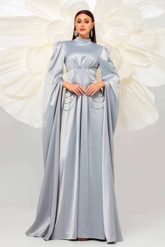 High Neck A-Line Satin Evening Dresses with Long Sleeves
