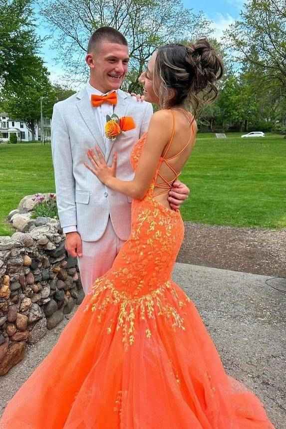 Orange Long Mermaid V-Neck Tulle Prom Dresses with Appliques