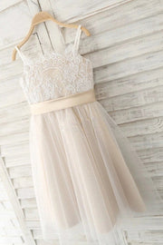 Champagne Spaghetti Straps A-Line Lace Tulle Flower Girl Dresses with Bow