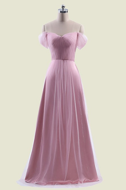 Candy Pink Off-The-Shoulder Sweetheart A-Line Tulle Long Bridesmaid Dresses