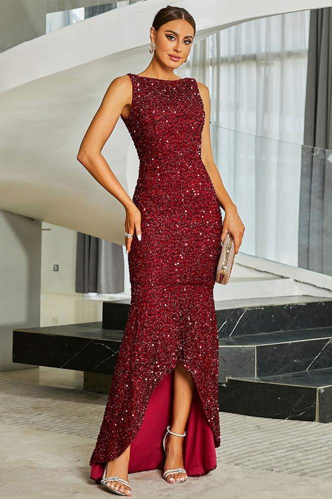 Red Hi-Lo Sleeveless Mermaid Sequin Evening Dresses