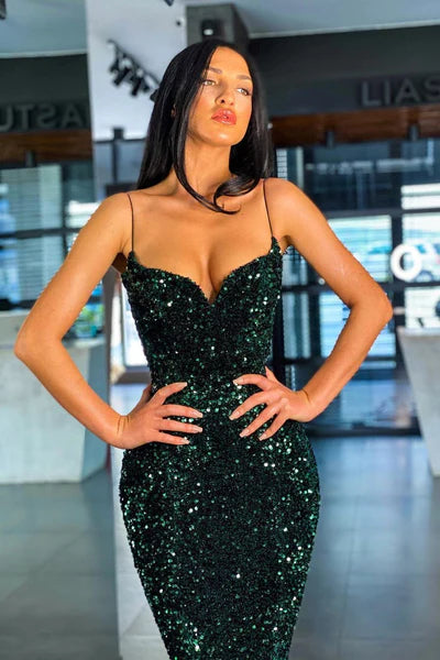 Dark Green Sequined Long Mermaid V-Neck Prom Dressesa