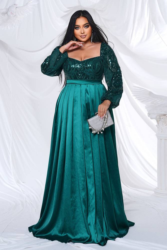 Plus Size A-Line Long Sleeves Sequin Satin Evening Dresses