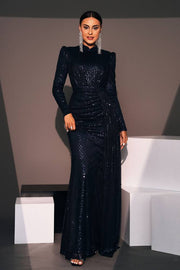 Black Mermaid High Neck Sequin Prom Evening Dresses with Long Sleeves