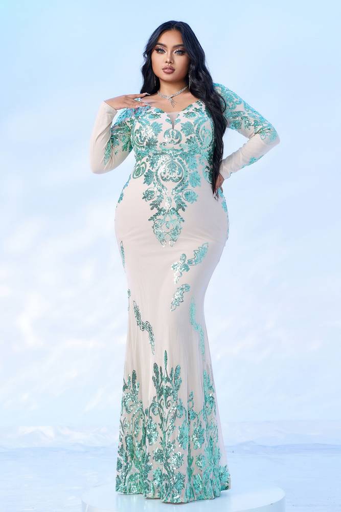 Plus Size Floor-Length Mermaid Sequin Evening Dresses with Long Sleeves