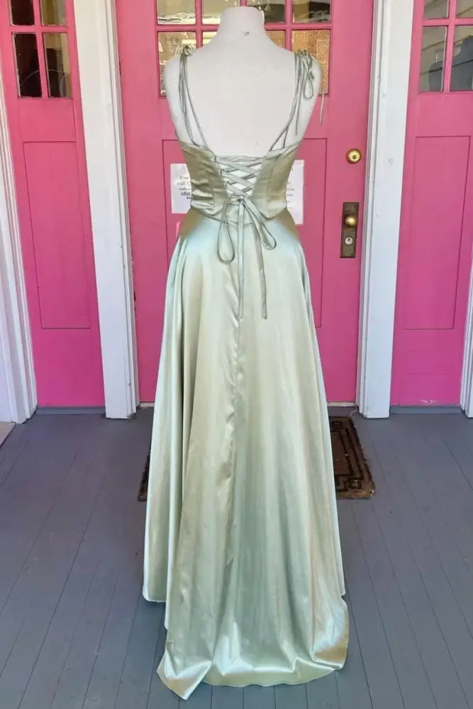 Sexy A-Line Satin Cowl Neck Spaghetti Straps Prom Dresses with Open Back