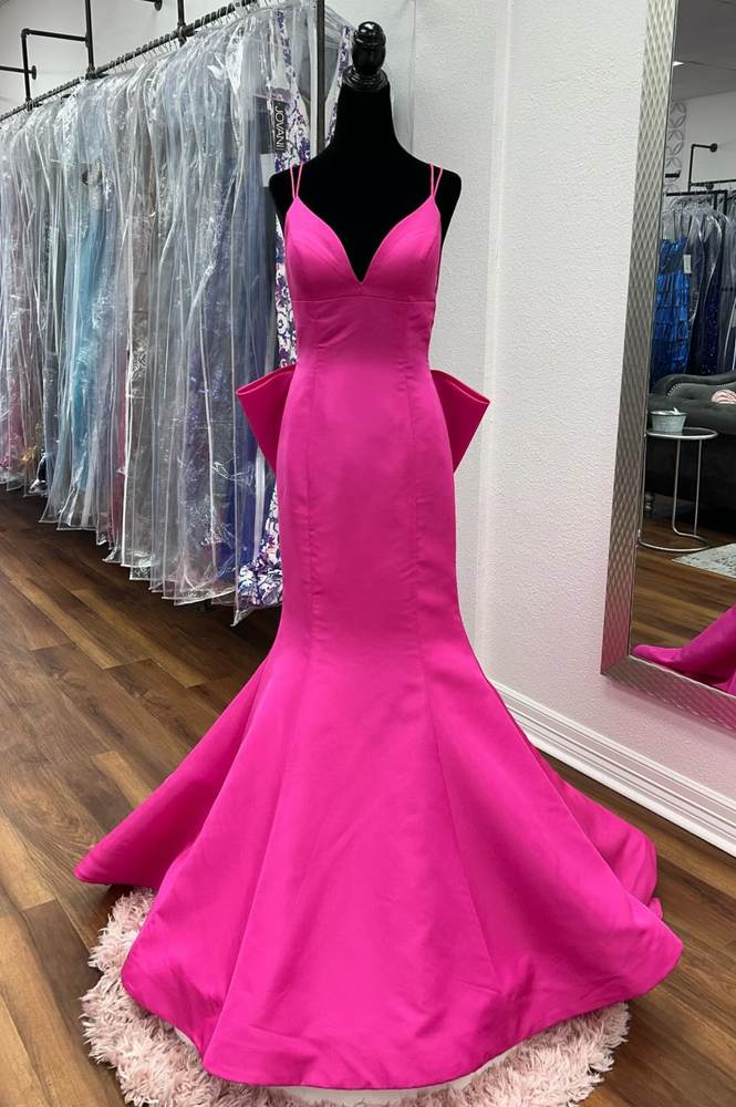 Fuchsia Spaghetti Strap Mermaid Long Satin Prom Dresses with Bow