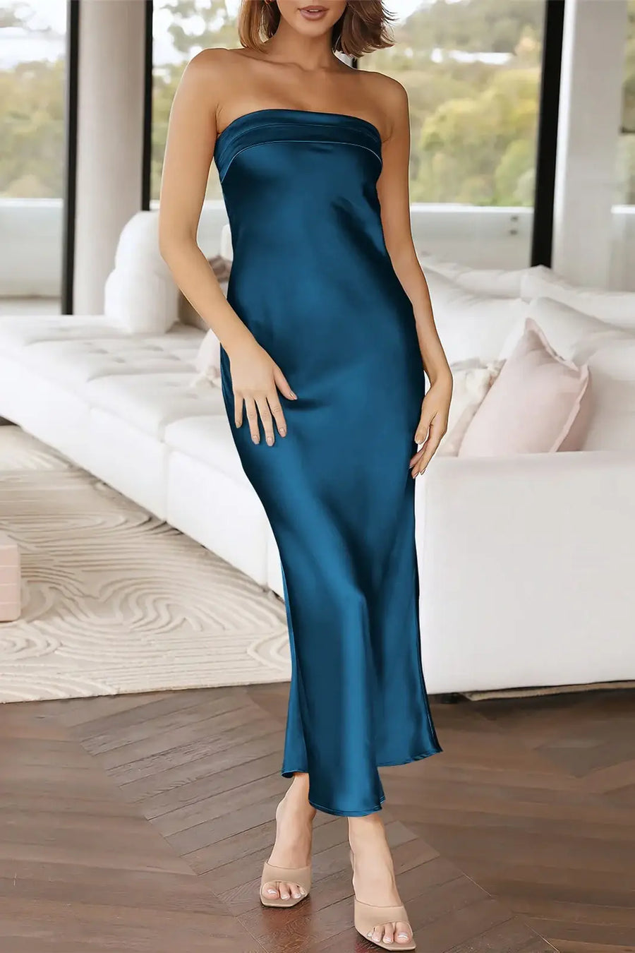 Trendy Strapless Ankle-Length Sheath Satin Bridesmaid Dresses