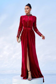 Red High Neck Long Sleeves Mermaid Velvet Prom Dresses with Slit