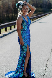 Blue Classic Long V-Neck Sleeveless Sequined Mermaid Formal Dresses with Slit