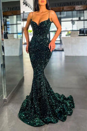 Dark Green Sequined Long Mermaid V-Neck Prom Dressesa