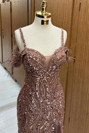 Exquisite Off-The-Shoulder Sweep Train Spaghetti Straps Sequined Mermaid Prom Dresses with Slit