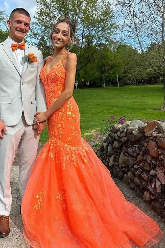 Orange Long Mermaid V-Neck Tulle Prom Dresses with Appliques