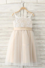 Champagne Spaghetti Straps A-Line Lace Tulle Flower Girl Dresses with Bow