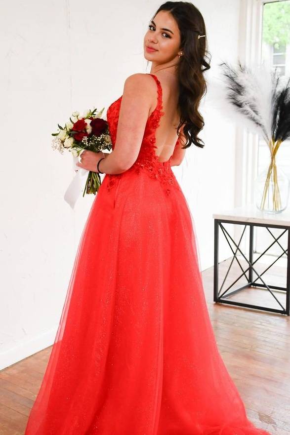 Red Backless Lace Tulle A-Line Party Dresses Sweep Train with Slit