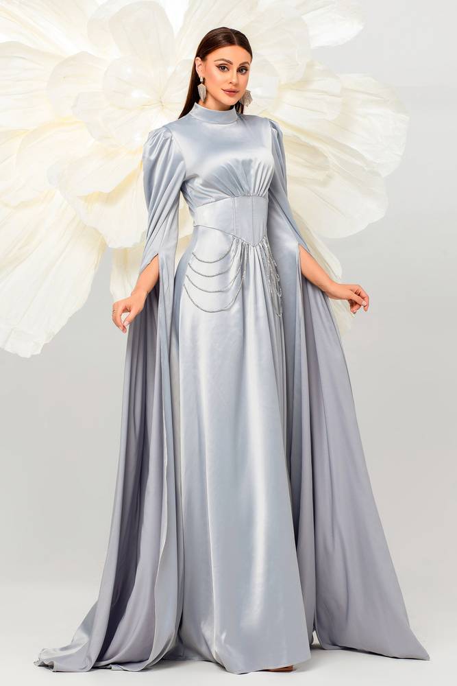 High Neck A-Line Satin Evening Dresses with Long Sleeves