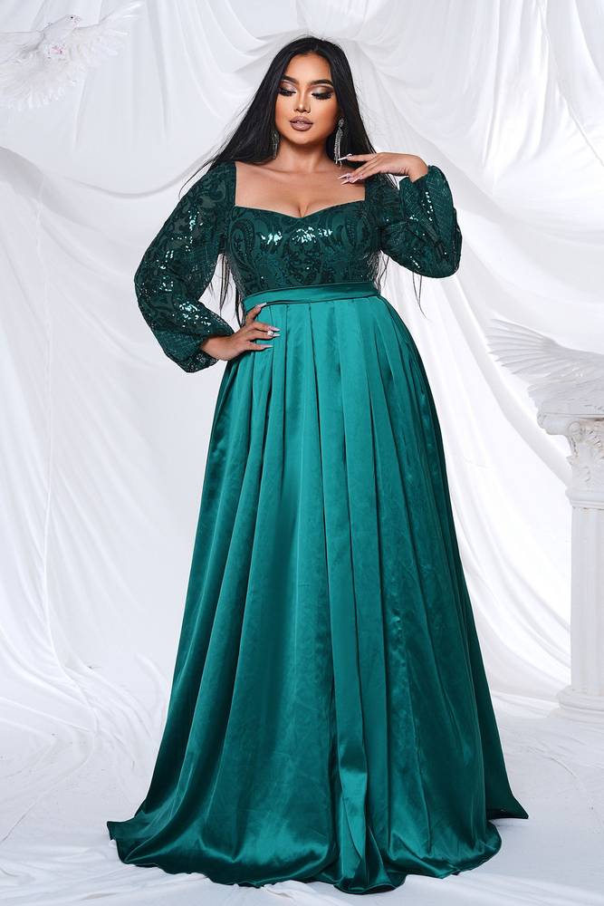 Plus Size A-Line Long Sleeves Sequin Satin Evening Dresses