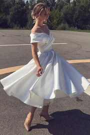 White Off-The-Shoulder Tea-Length Satin A-Line Formal Dresses