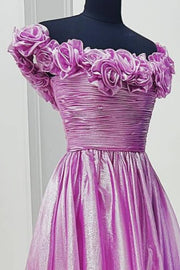 Lilac 3D Floral Off-The-Shoulder A-Line Long Formal Dresses