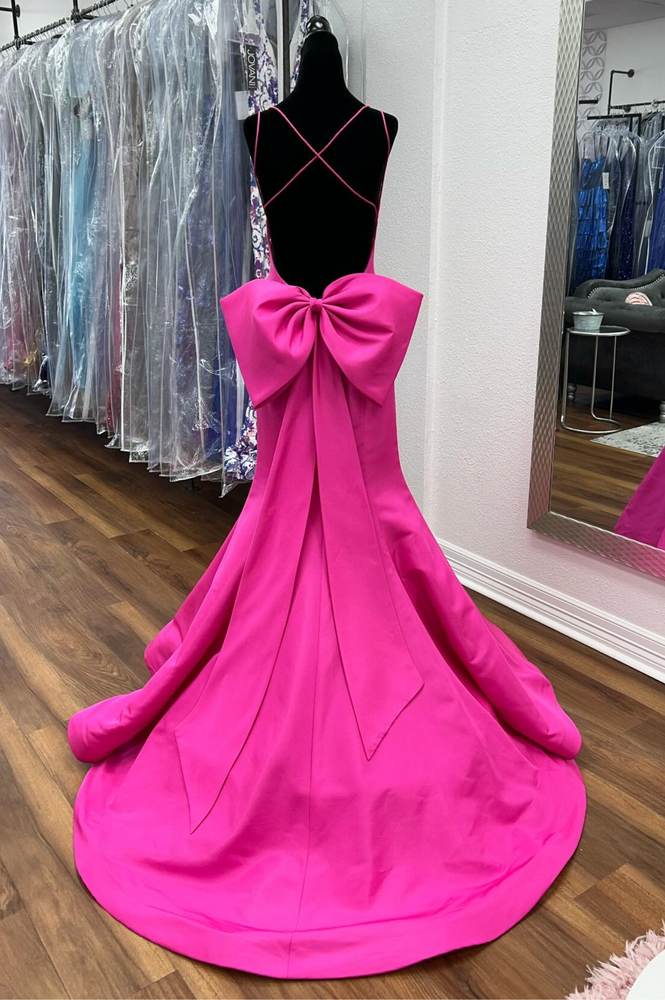 Fuchsia Spaghetti Strap Mermaid Long Satin Prom Dresses with Bow