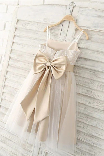 Champagne Spaghetti Straps A-Line Lace Tulle Flower Girl Dresses with Bow