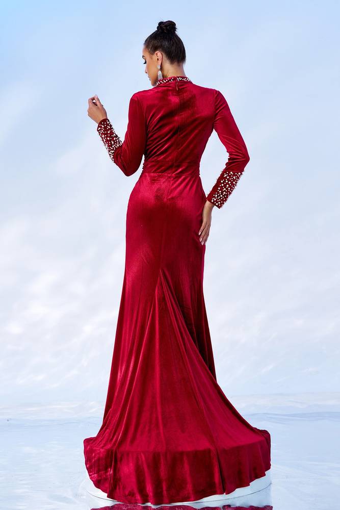 Red High Neck Long Sleeves Mermaid Velvet Prom Dresses with Slit