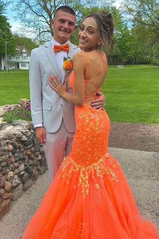 Orange Long Mermaid V-Neck Tulle Prom Dresses with Appliques