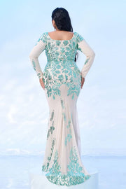 Plus Size Floor-Length Mermaid Sequin Evening Dresses with Long Sleeves