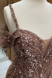 Exquisite Off-The-Shoulder Sweep Train Spaghetti Straps Sequined Mermaid Prom Dresses with Slit