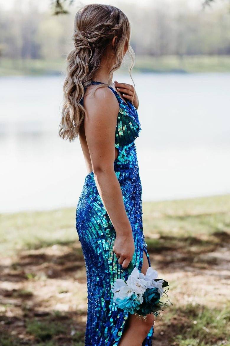 Blue Classic Long V-Neck Sleeveless Sequined Mermaid Formal Dresses with Slit