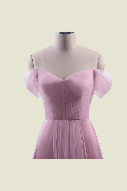 Candy Pink Off-The-Shoulder Sweetheart A-Line Tulle Long Bridesmaid Dresses