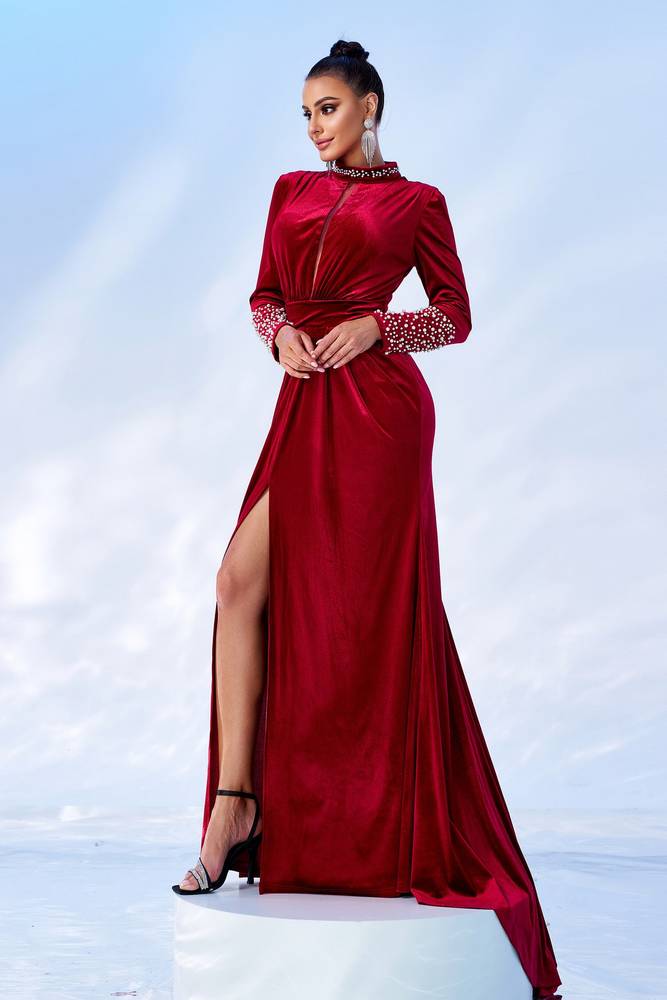 Red High Neck Long Sleeves Mermaid Velvet Prom Dresses with Slit