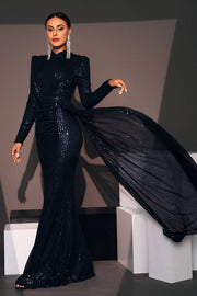 Black Mermaid High Neck Sequin Prom Evening Dresses with Long Sleeves