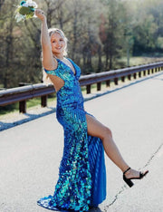 Blue Classic Long V-Neck Sleeveless Sequined Mermaid Formal Dresses with Slit