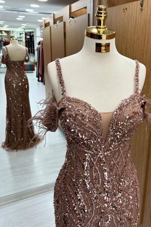 Exquisite Off-The-Shoulder Sweep Train Spaghetti Straps Sequined Mermaid Prom Dresses with Slit