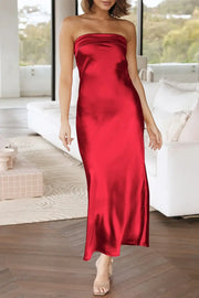 Red Trendy Strapless Ankle-Length Sheath Satin Bridesmaid Dresses