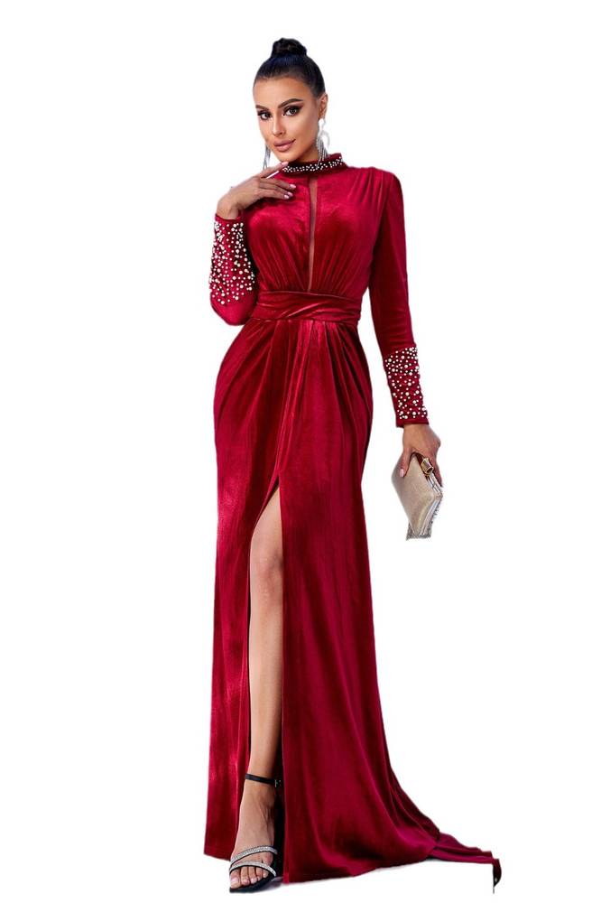 Red High Neck Long Sleeves Mermaid Velvet Prom Dresses with Slit