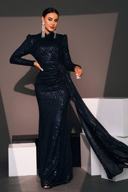 Black Mermaid High Neck Sequin Prom Evening Dresses with Long Sleeves