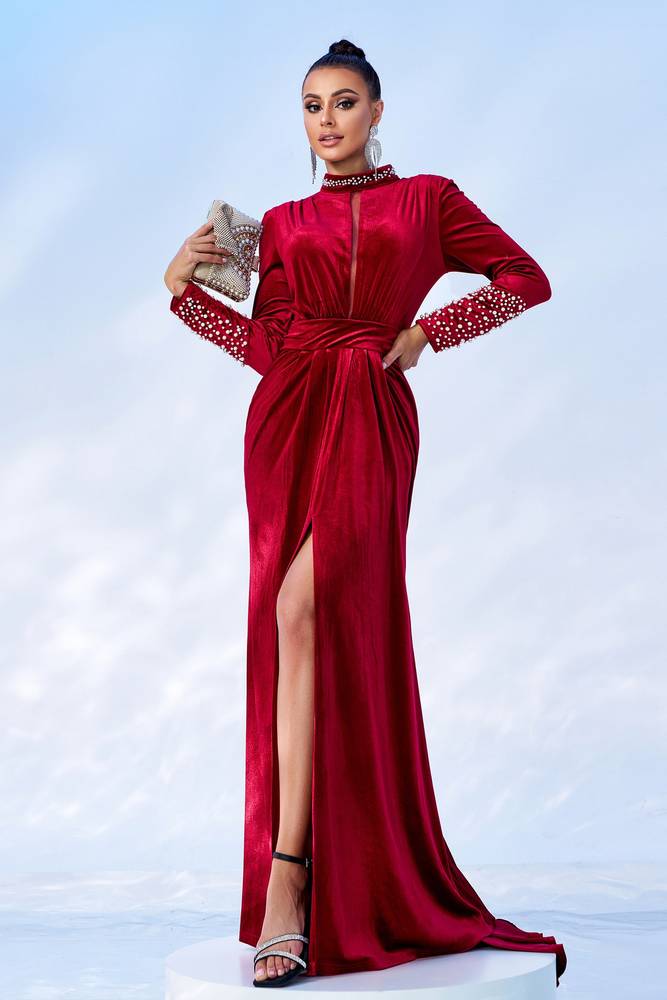 Red High Neck Long Sleeves Mermaid Velvet Prom Dresses with Slit