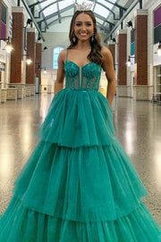 Jade Tiered Spaghetti Straps Tulle A-Line Long Prom Dresses