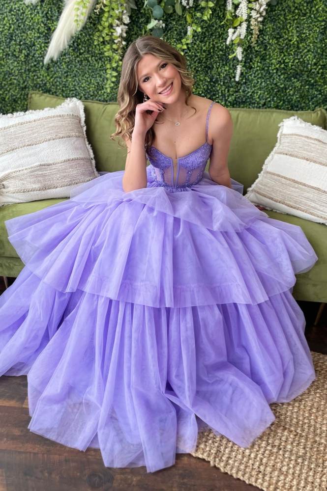 Lavender Tiered Spaghetti Straps Tulle A-Line Long Prom Dresses