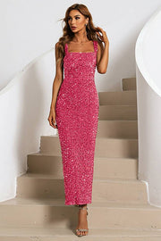 Pink Square Neck Ankle-Length Mermaid Sequin Prom Dresses